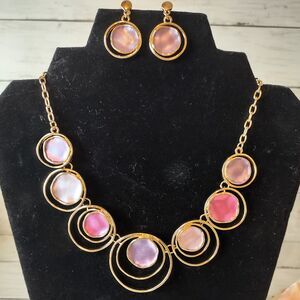 New Bold Statement Circle Necklace & Earrings Gold Tone & Purples Elegant
